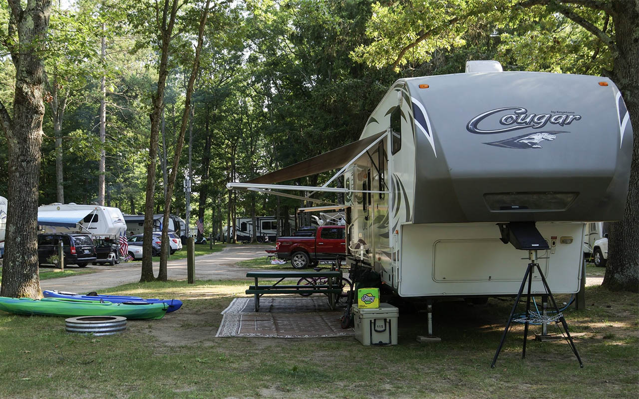 RV campsite prepared for spring camping at White River Campground in West Michigan